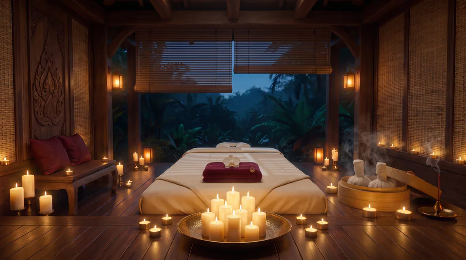 The candlelit treatment room at night: a low bed with a folded burgundy towel and an orchid, a brass tray of candles on the teak floor, the jungle dark behind the blinds.