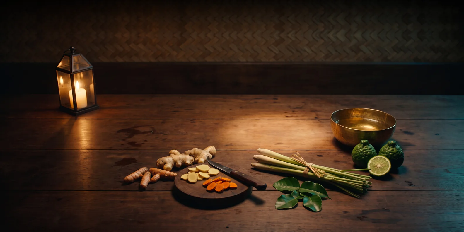 Plai, turmeric, lemongrass and kaffir lime beside a brass bowl of coconut oil, on a teak worktable by lantern light.