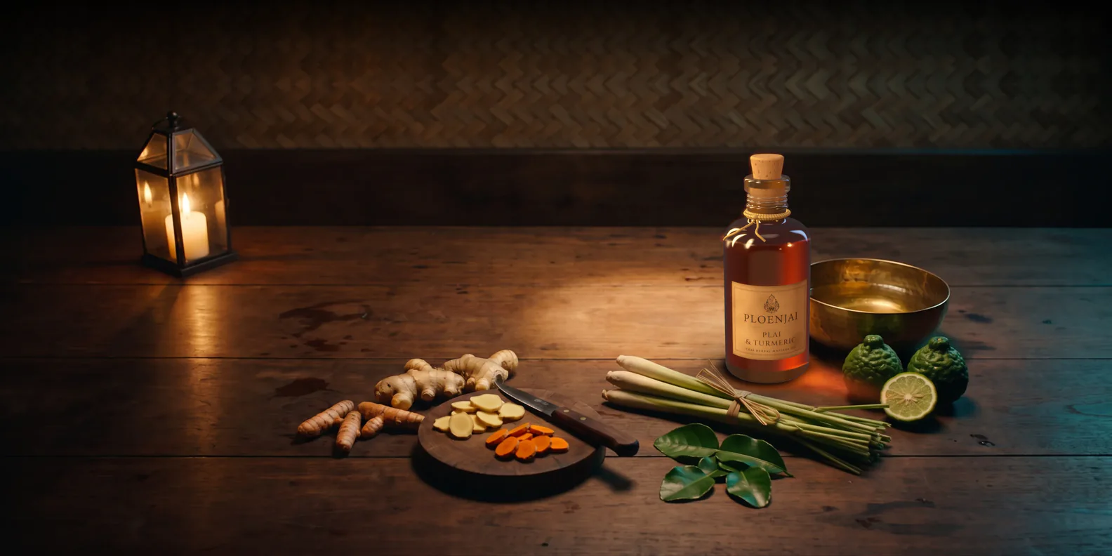 A bottle of the house oil on a teak worktable by lantern light, with plai, turmeric, lemongrass, kaffir lime and a brass bowl of coconut oil around it.