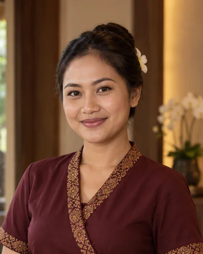 Ni Luh Ayu Purnami, Ploenjai therapist, smiling in the burgundy and gold uniform in the treatment pavilion.