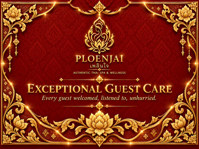 The Ploenjai certificate for Exceptional Guest Care, gold on red.