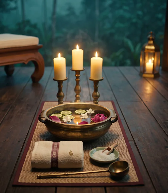 A brass bowl of warm water with kaffir-lime slices and petals, three candles behind it.