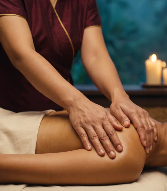 A therapist’s hands press along a guest’s upper back and shoulder by candlelight.