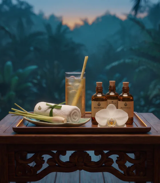 The welcome tray: a cold rolled towel, an iced lemongrass drink and three amber bottles of Ploenjai oil.