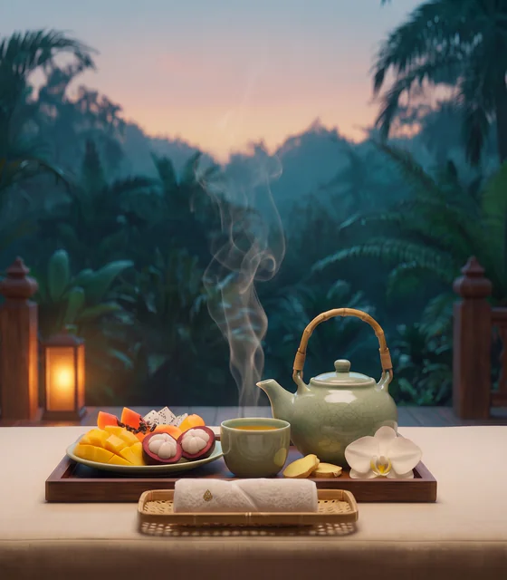 A celadon pot of ginger tea, a cup, ripe fruit and a warm rolled towel on a daybed facing the jungle.