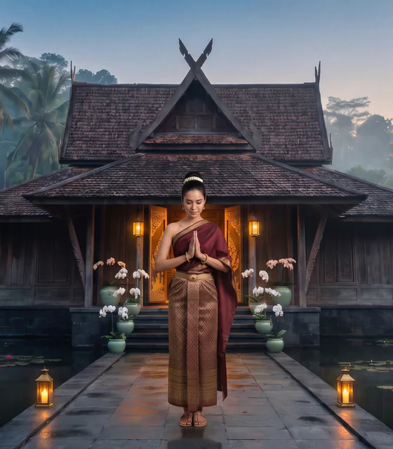 The hostess greets you with a wai before the open teak doors of the spa at dusk.
